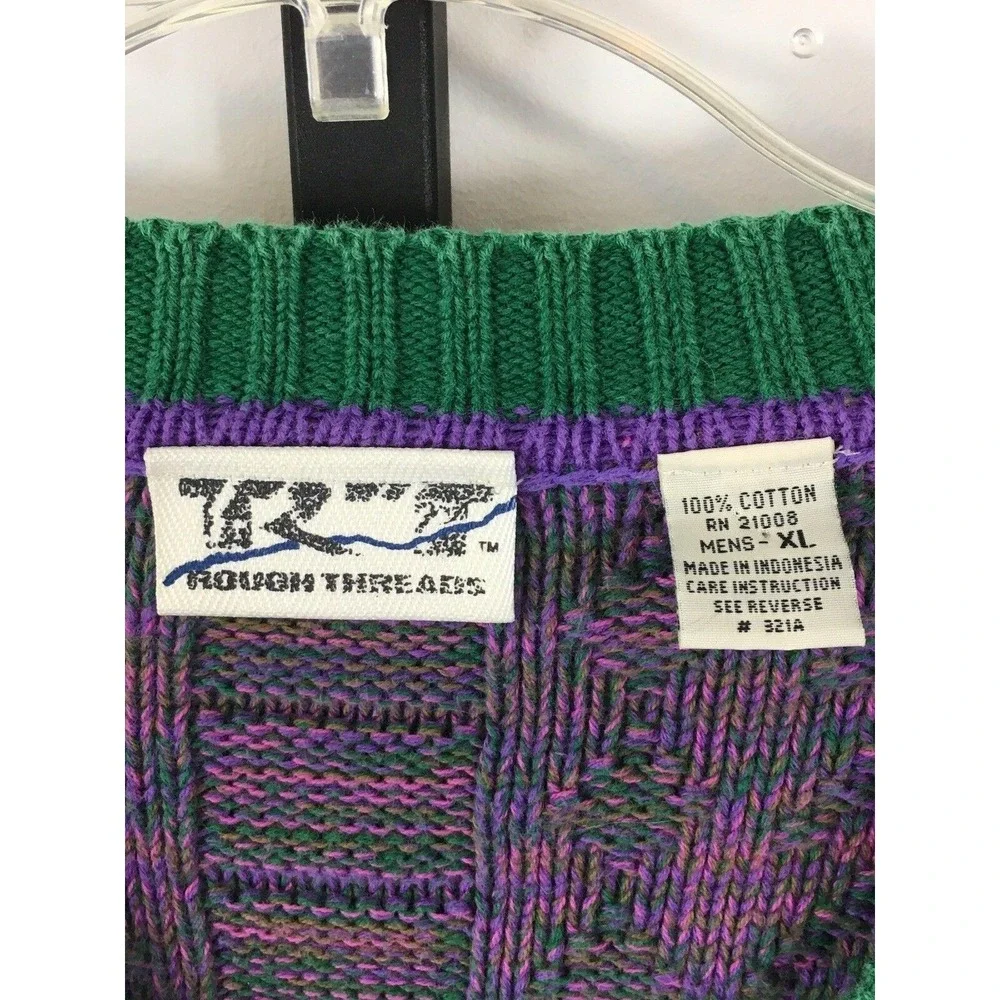 Vintage 90s V Neck‎ Sweater Mens XL Green Purple Marled 100% Cotton Heavy Weight